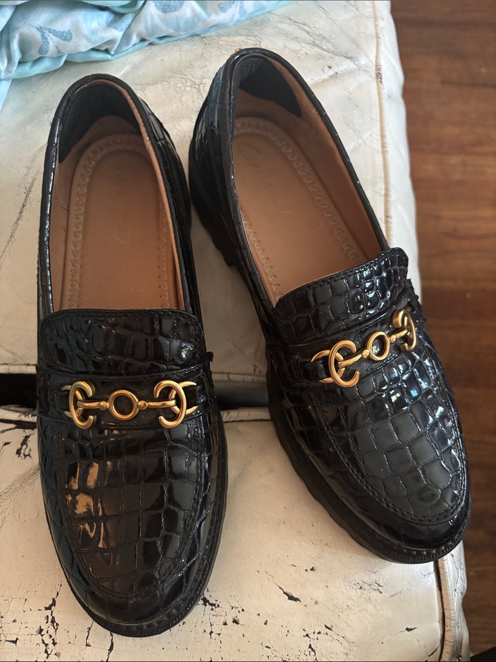 Patent Croc-Embossed Black Loafers with Gold Bit Accent